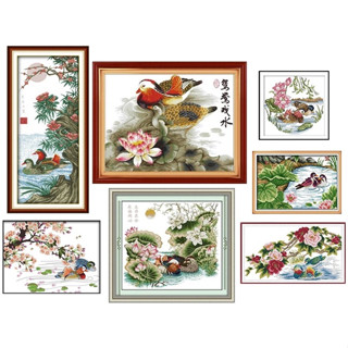 ชุดปักครอสติชพิมพ์ลาย ภาพมงคล เป็ด เป็ดแมนดาริน คู่รัก (Mandarin duck cross stitch kit)