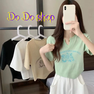 DoDo**สินค้าพร้อมส่ง** เสื้อดรอปไหมพรมแขนสั้น พิมพ์ลายดอกกุหลาบตัวเสื้อฉลุ สวมใส่สบาย (56063)