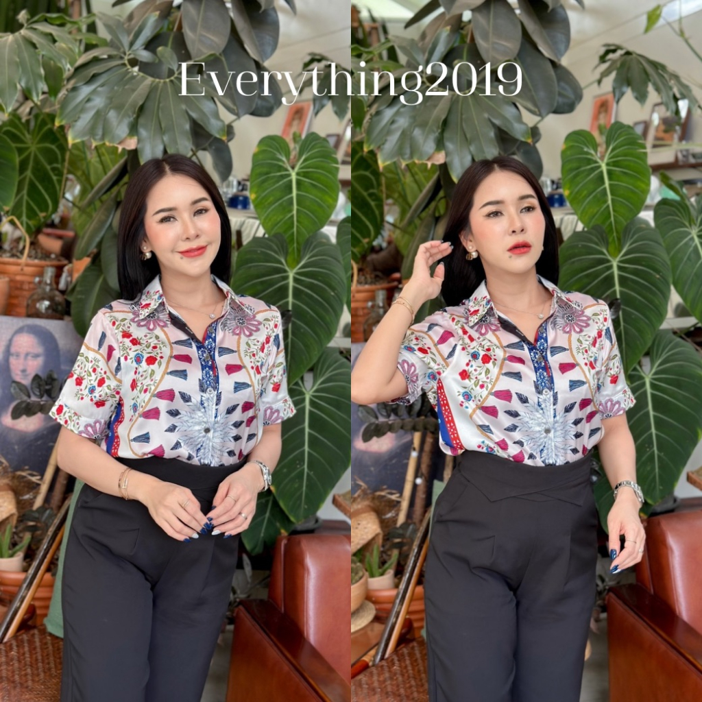 everything2019-1068-เสื้อเชิ๊ตคอปกพิมพ์ลายแขนสั้น-เสื้อทำงานผู้หญิง-ผ้าซาติน