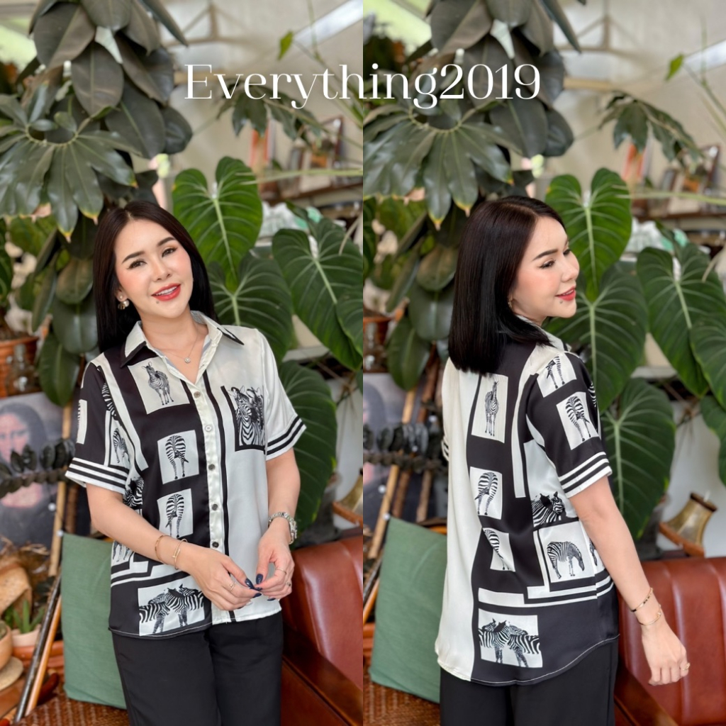 everything2019-1068-เสื้อเชิ๊ตคอปกพิมพ์ลายแขนสั้น-เสื้อทำงานผู้หญิง-ผ้าซาติน