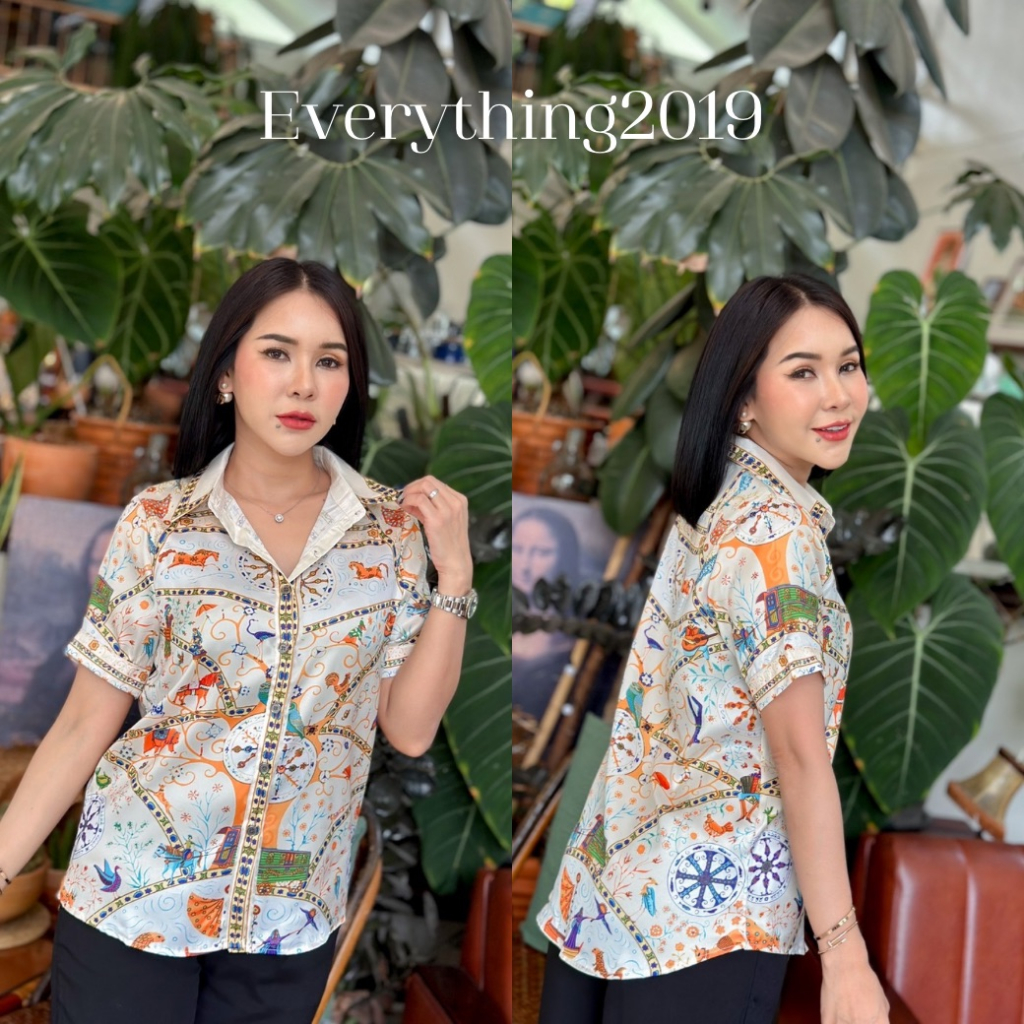 everything2019-1068-เสื้อเชิ๊ตคอปกพิมพ์ลายแขนสั้น-เสื้อทำงานผู้หญิง-ผ้าซาติน