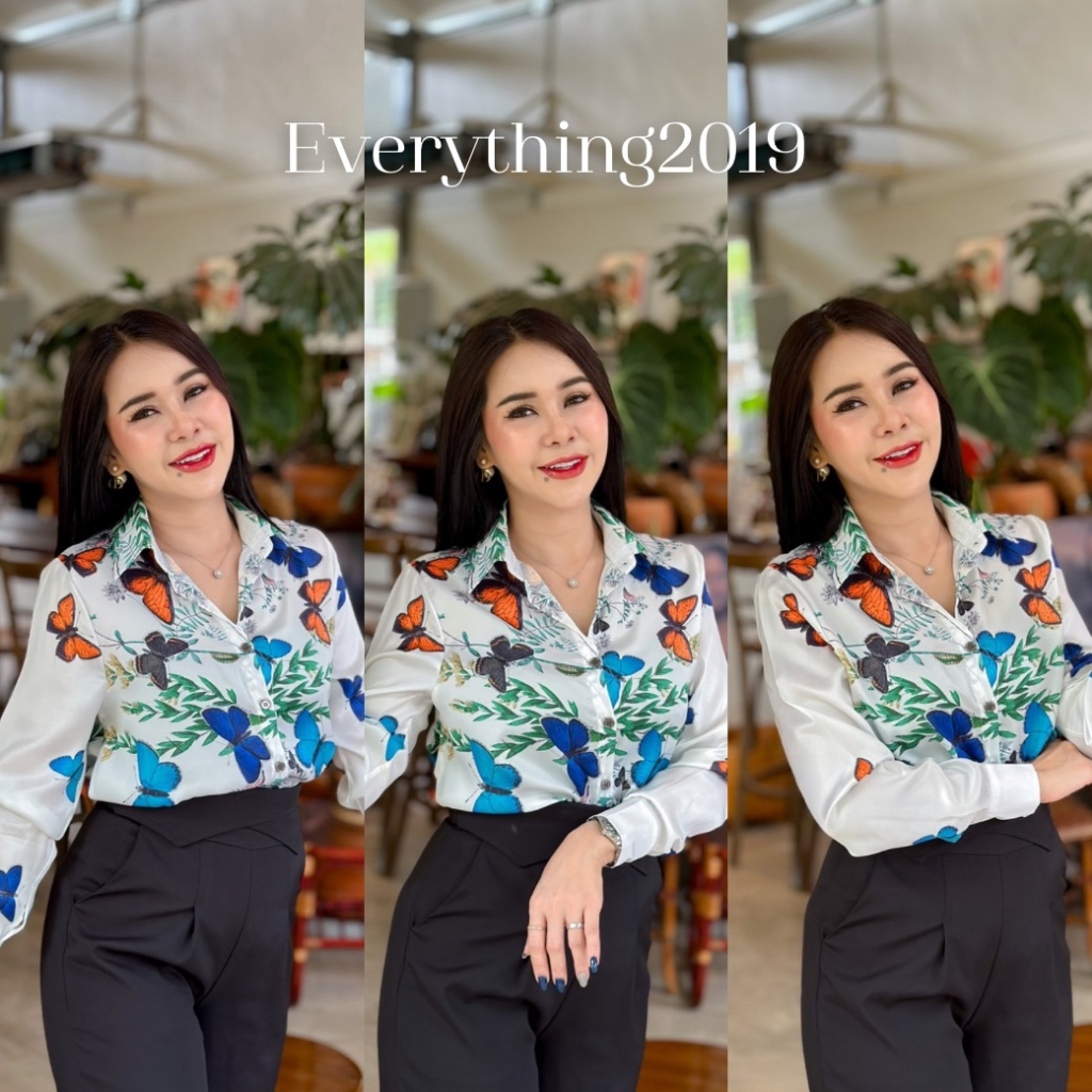 everything2019-1065-เสื้อเชิ๊ตคอปกพิมพ์ลายแขนยาว-เสื้อทำงานผู้หญิง-ผ้าซาตินขึ้นเงา