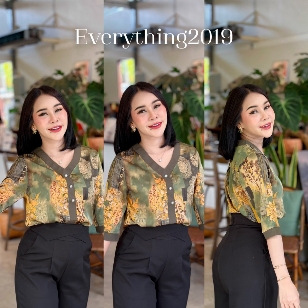 everything2019-1907-เสื้อคอวีแขนศอก-แต่งสาบสี-ผ้าซิลค์ซาติน-ผ้าดีใส่สบาย-เสื้อทำงานผู้หญิง