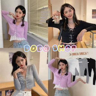 DODO*พร้อมส่ง*เสื้อครอปแขนยาวสีดำ สานเชือกหน้าอกได้ เซ็กซี่น่ารักมาก(5690-1)