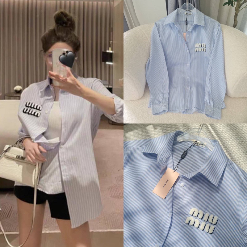 เสื้อเชิ๊ตลายริ้วโทนฟ้า-miu-shirt-แขนยาว-คอปก-แต่งอักษรแบบนูนขาว