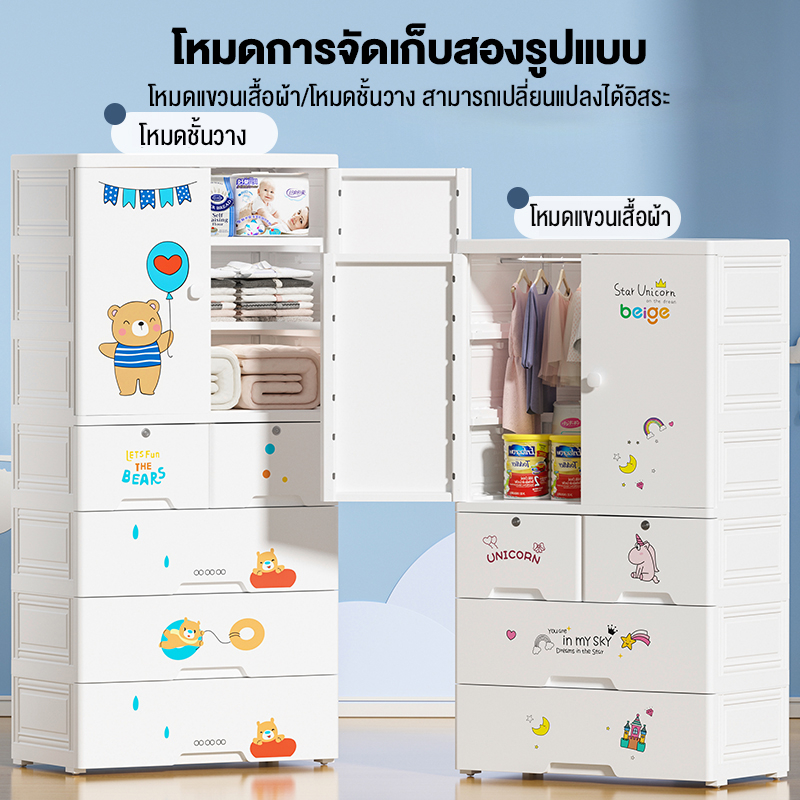 cutebaby-ตู้เสื้อผ้าเด็ก-ตู้เสื้อผ้าลายการ์ตูน-เคลื่อนย้ายสะดวก-หยัดพื้นที่-ตู้เก็บของ-ที่เก็บของประตูคู่และลิ้นชัก