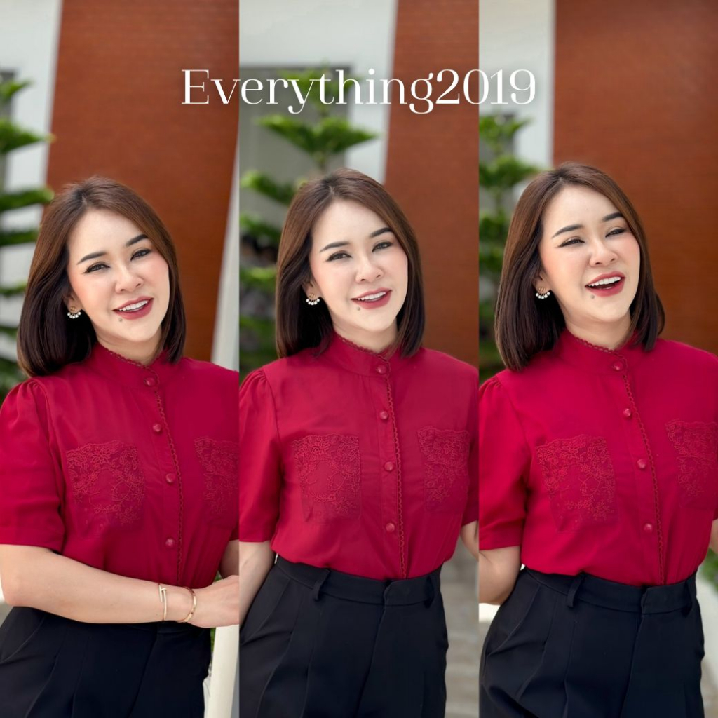 everything2019-6215-เสื้อคอจีนแขนสั้นแต่งกระเป๋าลูกไม้-ทรงสวย-ผ้าชีฟอง-มีหลายสีหลายไซส์-ใส่ทำงานได้