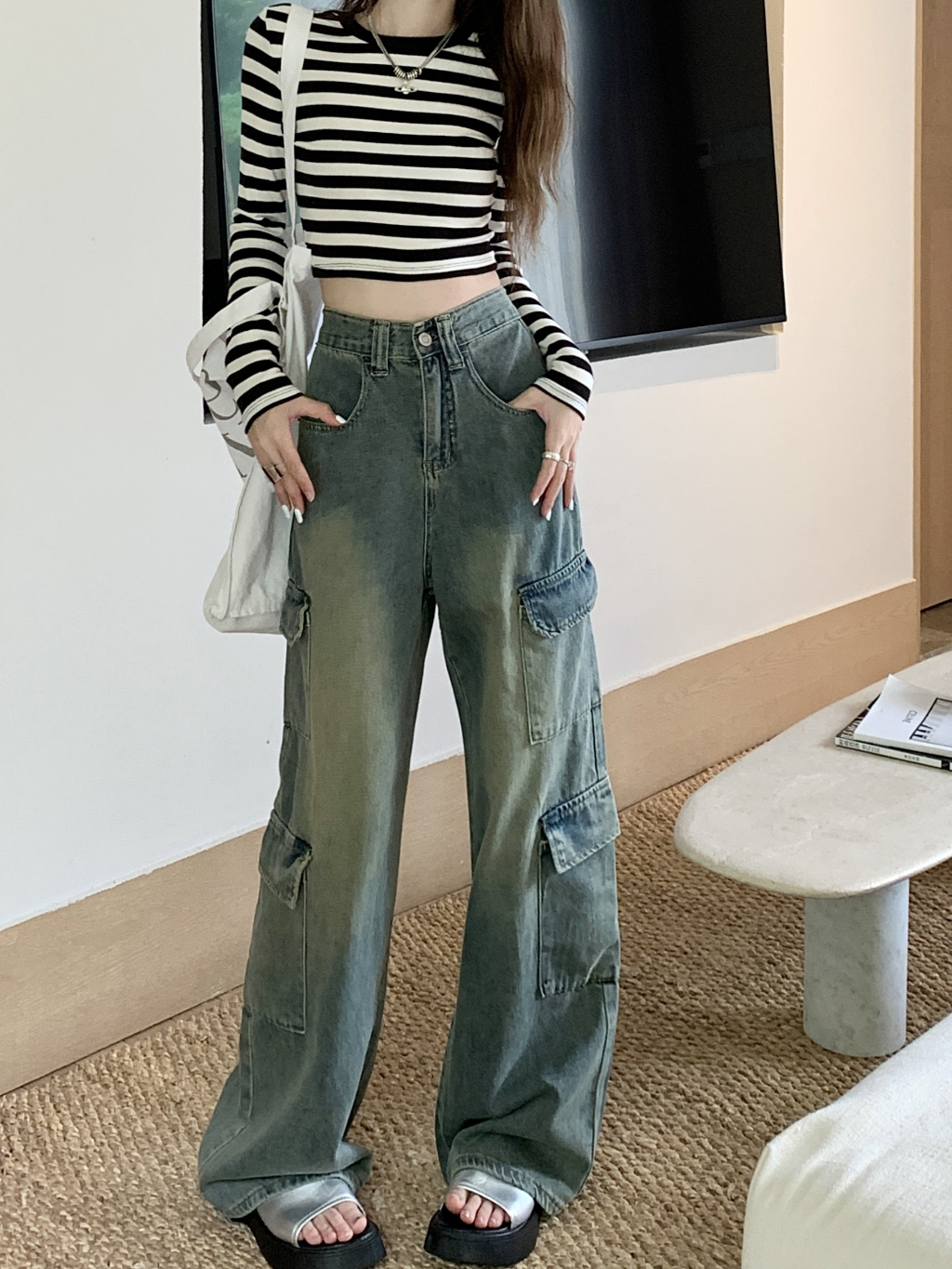 กางเกงคาร์โก้ผู้หญิง กางเกงยีนเอวสูง XS~2XL ขายาว เอวสูงทรงสตรีท กระเป๋าตรง 4ใบ #2249 - 2