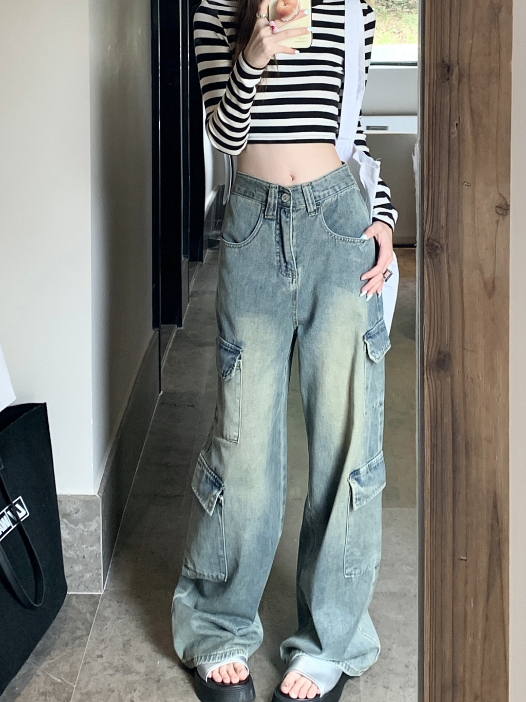 กางเกงคาร์โก้ผู้หญิง กางเกงยีนเอวสูง XS~2XL ขายาว เอวสูงทรงสตรีท กระเป๋าตรง 4ใบ #2249 - 3