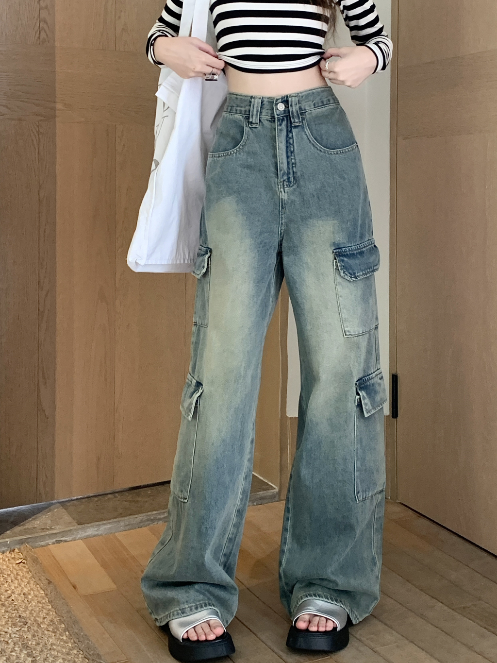 กางเกงคาร์โก้ผู้หญิง กางเกงยีนเอวสูง XS~2XL ขายาว เอวสูงทรงสตรีท กระเป๋าตรง 4ใบ #2249 - 4