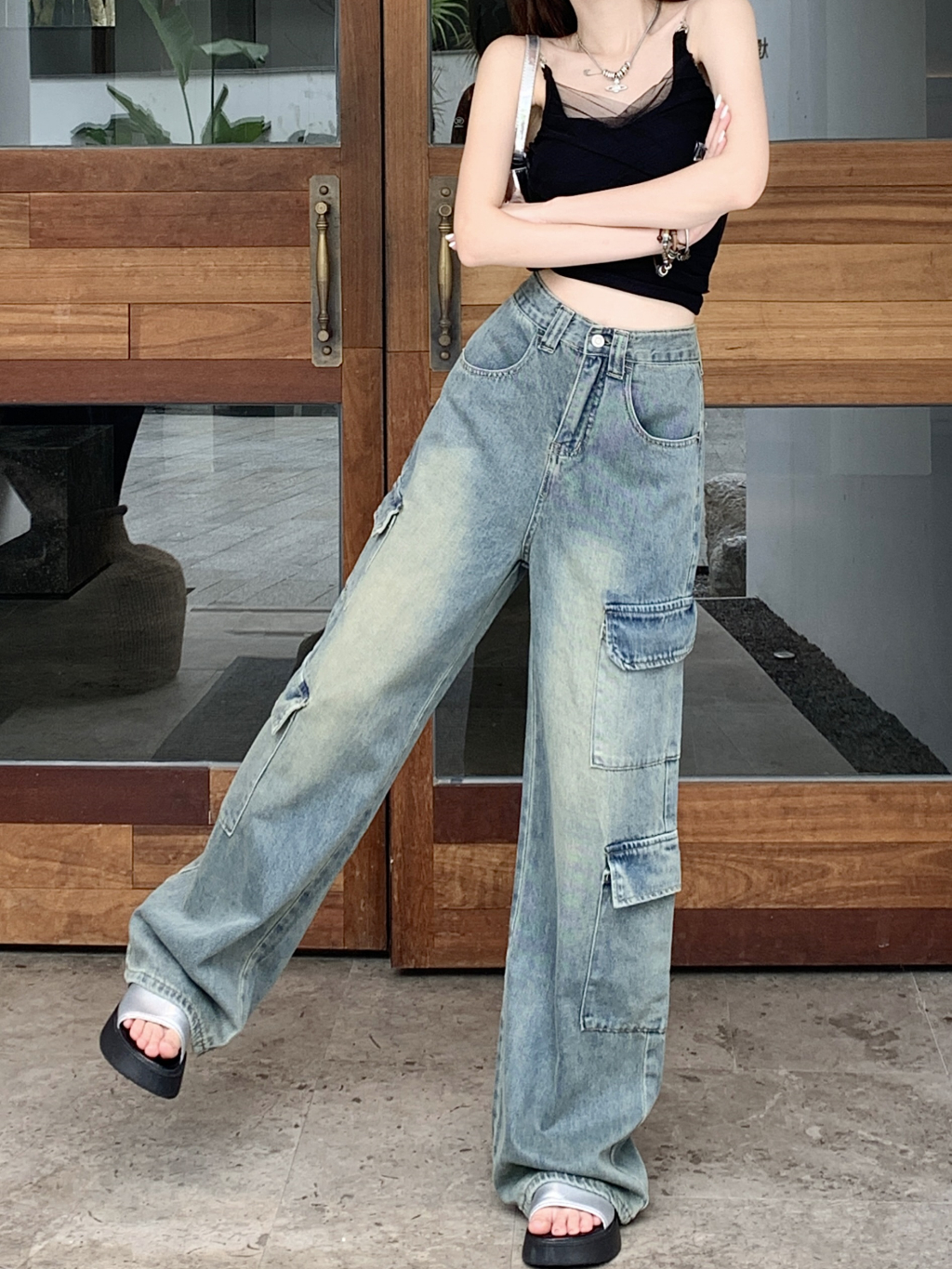 กางเกงคาร์โก้ผู้หญิง กางเกงยีนเอวสูง XS~2XL ขายาว เอวสูงทรงสตรีท กระเป๋าตรง 4ใบ #2249 - 5