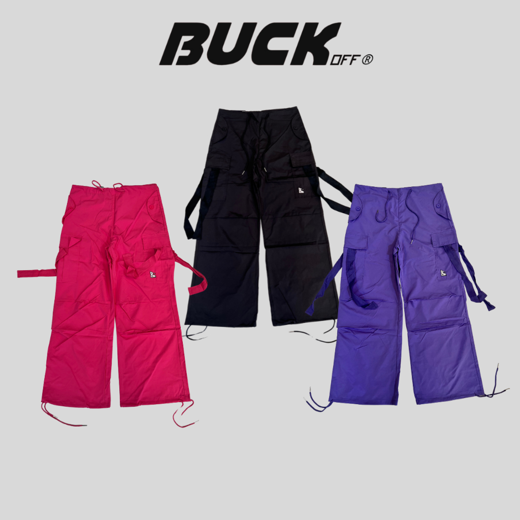 buckoff-cargo-jump-กางเกงคาร์โก้-ทรงกระบอกใหญ่-กางเกงขายาวผู้หญิง-เอวปรับได้-ขาปรับได้-สีสันสดใส