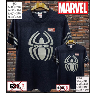 เสื้อคอกลม ผ้าCotton ลิขสิทธิ์แท้ ลายSpiderman ผู้ใหญ่-เด็ก พื้นผ้ากรมสกรีนแมงมุมสีเทา