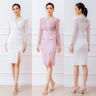 Code : M8 Luxe Dress ชุดเดรสแขนยาว สีขาว สีชมพู สำหรับผู้หญิง ไซส์ S-XL