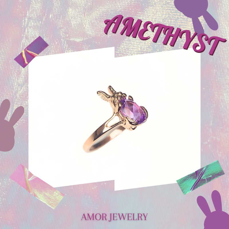 แหวนเงินแท้-925-แหวนกระต่ายฝังพลอยอเมทิสต์-amethyst-เม็ดใหญ่สีสวยฉ่ำน่ารักสุด