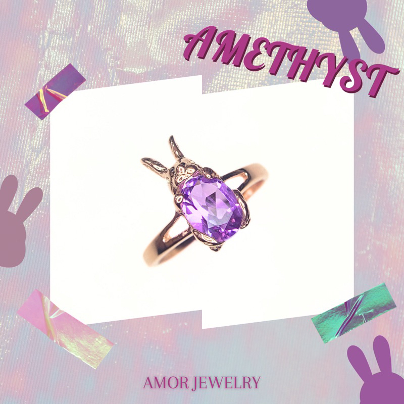 แหวนเงินแท้-925-แหวนกระต่ายฝังพลอยอเมทิสต์-amethyst-เม็ดใหญ่สีสวยฉ่ำน่ารักสุด