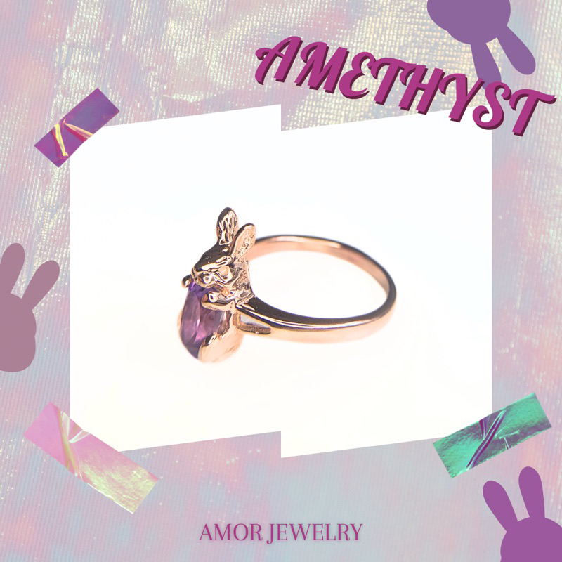 แหวนเงินแท้-925-แหวนกระต่ายฝังพลอยอเมทิสต์-amethyst-เม็ดใหญ่สีสวยฉ่ำน่ารักสุด