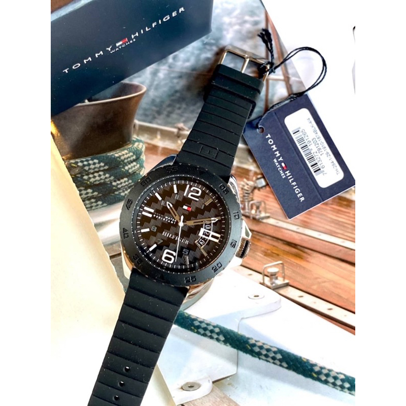 ผ่อน0-นาฬิกา-tommy-hilfiger-mens-1791203-casual-sport-analog-display-quartz-black-watch-สายซิลิโคนสีดำ