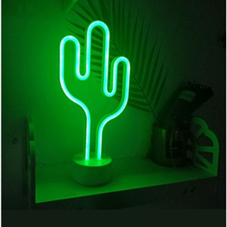 ฟรีถ่าน ไฟนีออนรูปกระบองเพชร โคมไฟตั้งโต๊ะ LED  สีเขียวนีออน ใช้แบตเตอรี่ สร้างสรรค์ สําหรับตกแต่งห้องเด็ก ปาร์ตี้