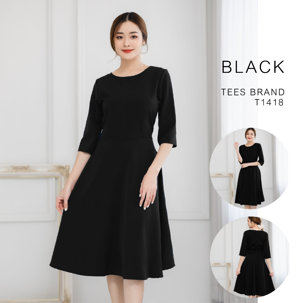 teesbrand-1418-dress-ชุดทำงาน-ทรงบาน-เสื้อคอกลม-แขนห้าส่วน