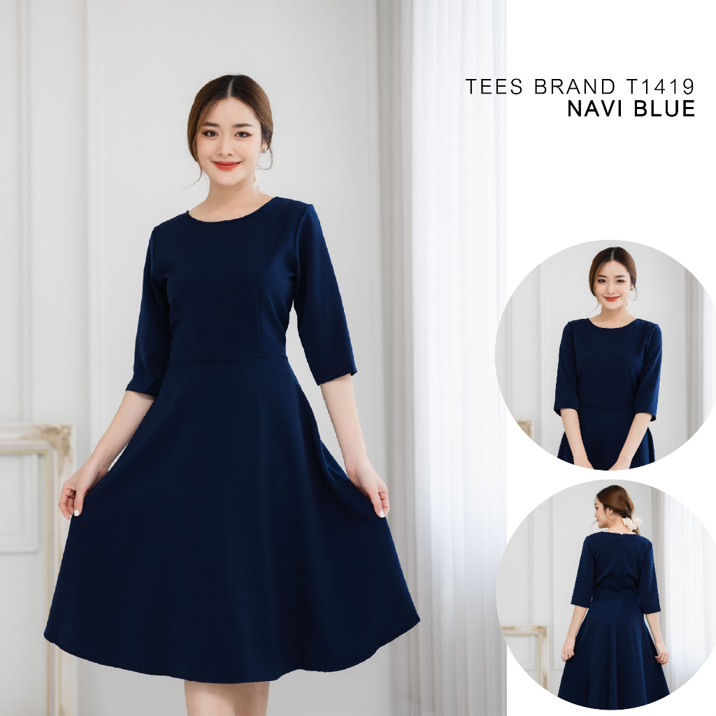 teesbrand-1418-dress-ชุดทำงาน-ทรงบาน-เสื้อคอกลม-แขนห้าส่วน