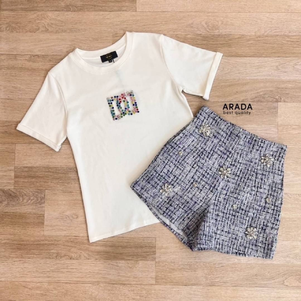 arada-งานเซทเสื้อยืดขาสั้นผ้าทวิสปักอะไหล่แน่น-รบกวนเช็คสต๊อกก่อนกดสั่งซื้อ