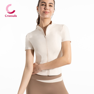 Crassula เสื้อออกกำลังกายแขนสั้น คอปกทรงตั้ง ซิปหน้า ไม่รั้งคอ สวมใส่สบาย ระบายอากาศได้ดี