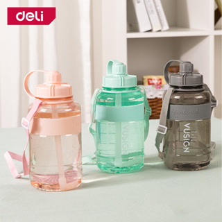 Deli กระบอกน้ําพลาสติก กระบอกน้ําบอกเวลา กระติกน้ำพลาสติก ขนาด 1.5L มีหลอดในตัว มีมาตรบอกปริมาตร Water Bottle