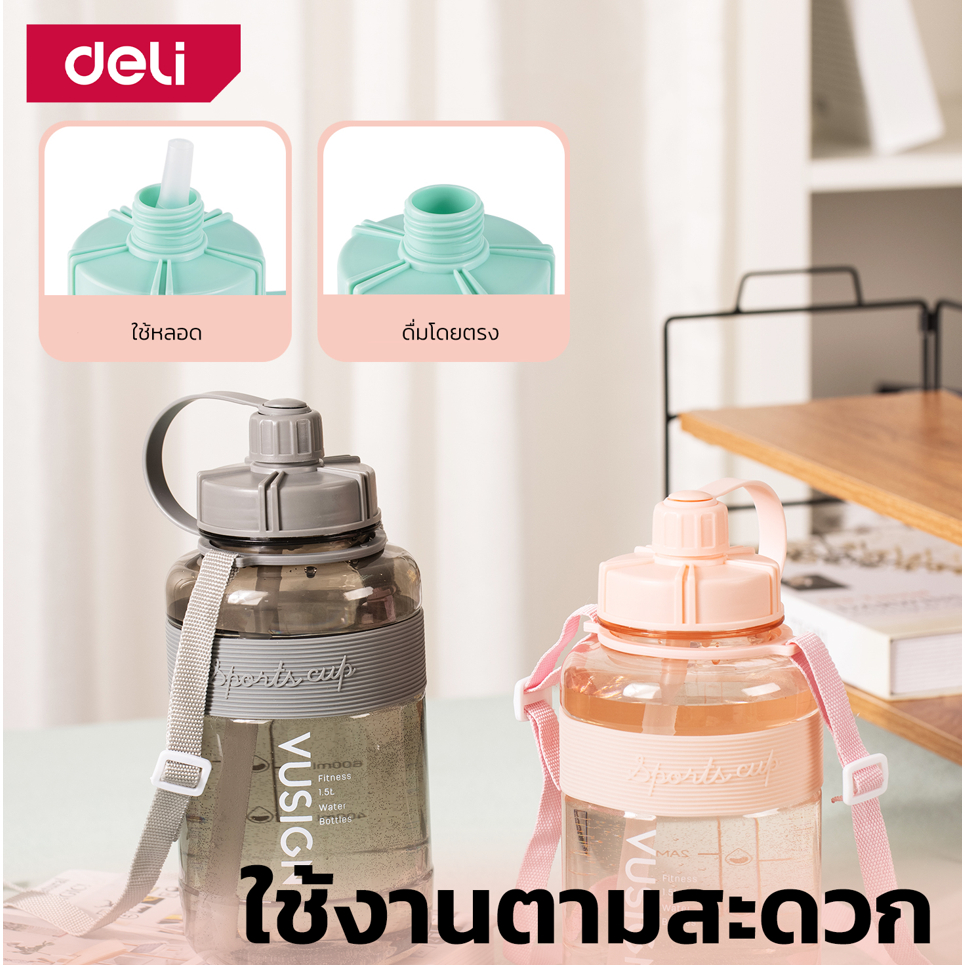 deli-กระบอกน้ําพลาสติก-กระบอกน้ําบอกเวลา-กระติกน้ำพลาสติก-ขนาด-1-5l-มีหลอดในตัว-มีมาตรบอกปริมาตร-water-bottle