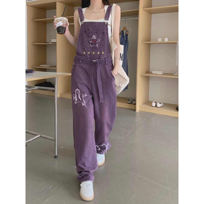 manyjeans-overalls-เอี๊ยมกางเกงขายาวเอวสูงสีม่วง-สินค้าพร้อมส่งในไทย