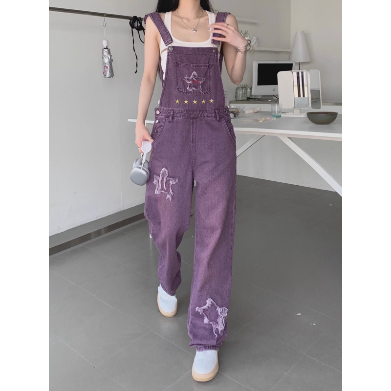 manyjeans-overalls-เอี๊ยมกางเกงขายาวเอวสูงสีม่วง-สินค้าพร้อมส่งในไทย