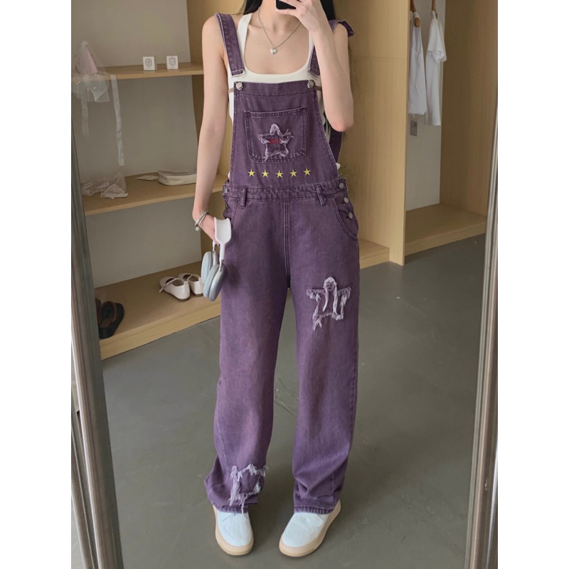 manyjeans-overalls-เอี๊ยมกางเกงขายาวเอวสูงสีม่วง-สินค้าพร้อมส่งในไทย