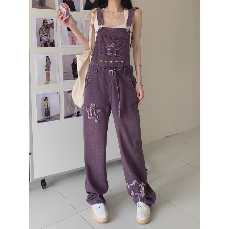 manyjeans-overalls-เอี๊ยมกางเกงขายาวเอวสูงสีม่วง-สินค้าพร้อมส่งในไทย