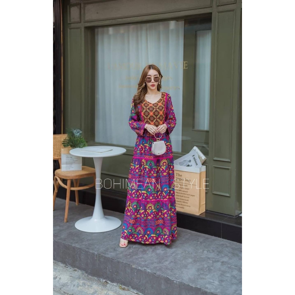 พร้อมส่ง-maxi-dress-bohemianชุดเดรสยาวผ้าพิมพ์ลายอินโดนสไตล์โบฮีเมียน-เดรสสาวอวบใส่เที่ยวทะเล-เสื้อผ้าอินเดีย