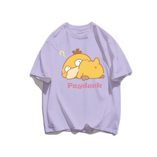 Pokémon Psyduck เสื้อยืดแขนสั้นผ้าฝ้าย 100% ใหม่หญิงเกาหลีรุ่นนักเรียนการ์ตูนด้านบน