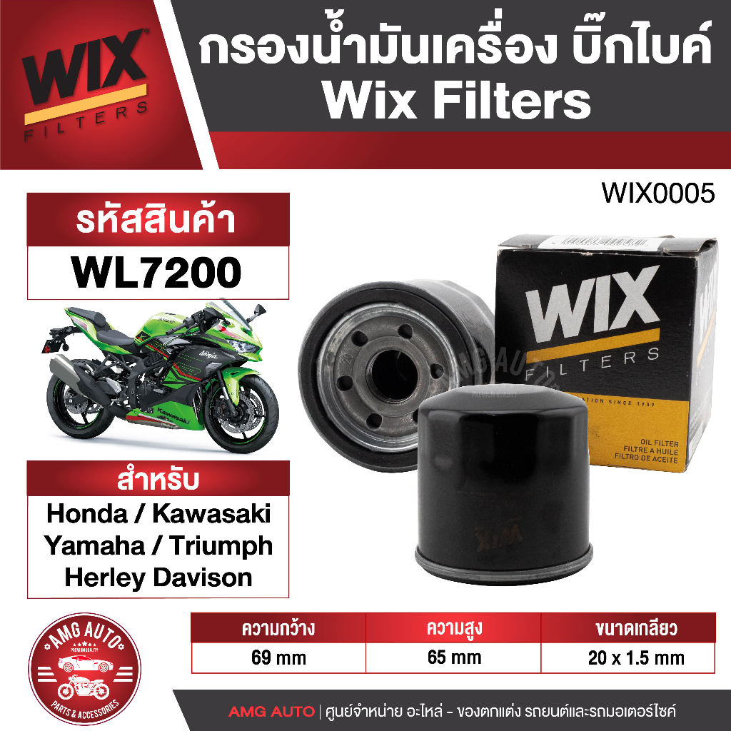 กรองน้ำมันยี่ห้อ-wix-wl7200-กรองน้ำมันเครื่องมอไซค์-honda-kawasaki-yamaha-triumph-herley-davison-กรองน้ำมัน