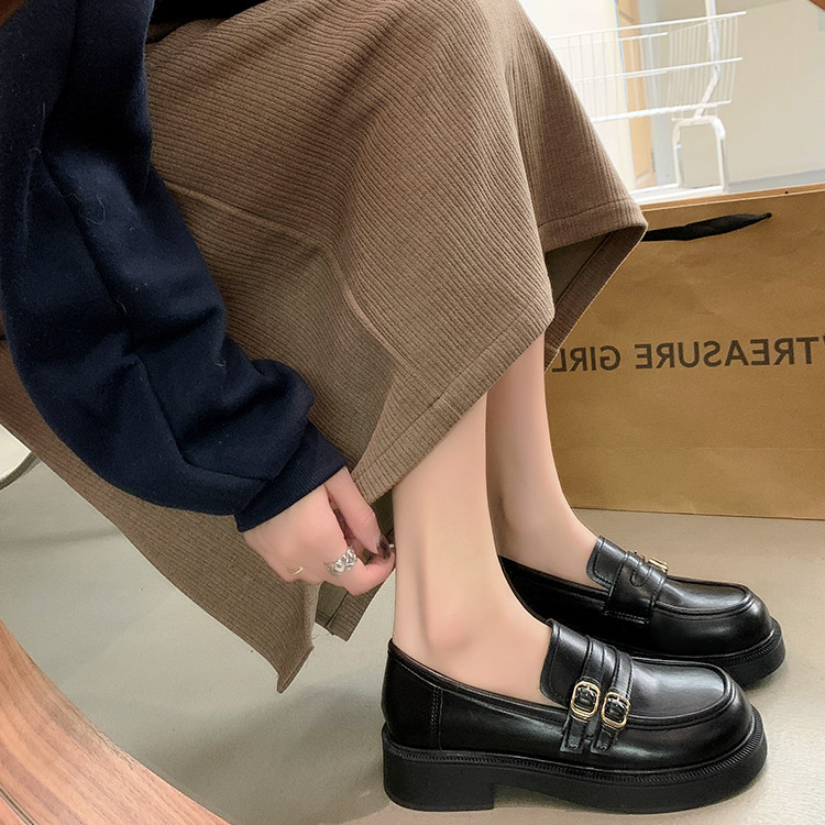 รองเท้าโลฟเฟอร์สตรีสไตล์ญี่ปุ่น-รองเท้าหนังแพลตฟอร์มแฟชั่น-ตกแต่งหัวเข็มขัด-สไตล์อังกฤษ-ทนต่อการสึกหรอ