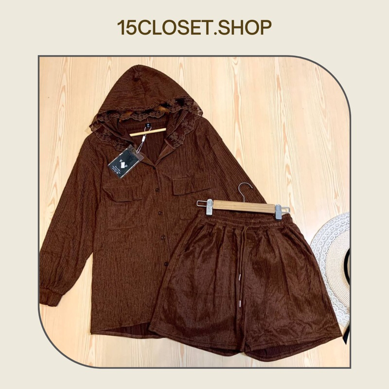 ชุดเซตเสื้อแขนยาวแต่งฮู้ด-กางเกงขาสั้นเอวยางยืด-งานสีพื้น-งานป้าย
