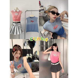 Cicishop(T2301)เสื้อไหมพรมแขนกุด crop top ดีเทลปักโลโก้ สุดแซ่บสาวๆต้องมี