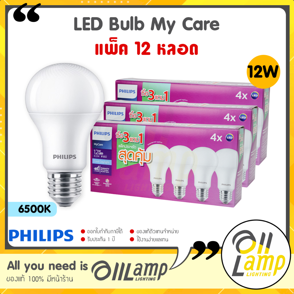 แพ็ค12หลอด-12w-หลอดไฟ-led-philips-รุ่น-mycare-แสงขาว-6500k-ยกลัง-ของแท้จากฟิลิปส์-รับประกันศูนย์-1-ปี