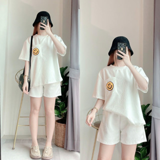 ชุดเซ็ต 2 ชิ้น ผ้าทอนูนยืดหยุ่นเนื้อดีใส่สบายค่า เสื้อทรงโอเวอร์ไซต์ งานคอกลม กางเกงเอวยางยืดตามสัดส่วน