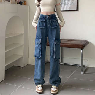 กางเกงยีนส์ขากว้างแฟชั่นสตรีเอวยางยืดสไตล์เกาหลีขนาดใหญ่