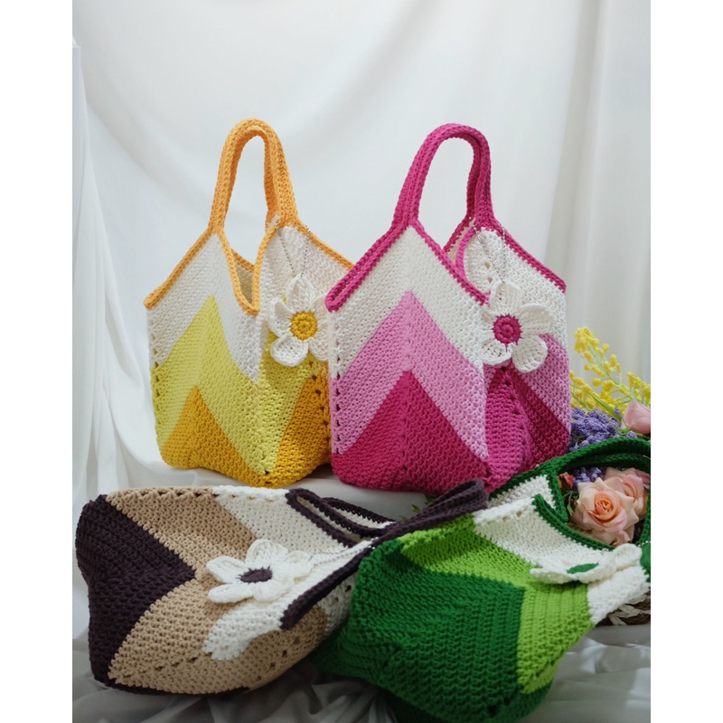 กระเป๋าถักเชือกฟอก-มินิ-3-สี-ฟรีดอกไม้ห้อย