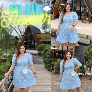Blossom Dress 🩵🫧🌷  เดรสสั้น ผ้านูน3Dปังๆ สีฟ้าสาวอวบ
