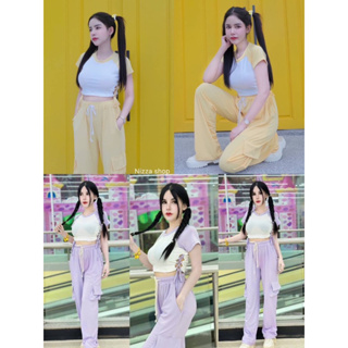 🧸ชุดเซตมาใหม่ปังสุดๆๆๆคร่า💜💛🩶 " เสื้อครอปถักข้าง + กก.คาโก้พร้อมเชือก