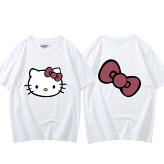 เสื้อยืดแขนสั้น Hello Kitty สำหรับผู้หญิง เสื้อนักเรียนพิมพ์ลายอนิเมะใหม่สวมใส่สบาย