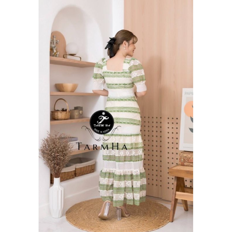 มี4สีเดรสออกงานสีทรูโทน-s-6xl-maxi-dress-เดรสลูกไม้แขนพองแต่งกระดุมเพชร-งานป้าย-tarm-ha