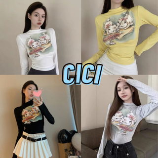 Cici(NO.770)เสื้อแขนยาวคอปีน ดีเทลสกีนลายน้องแมวสุดน่ารัก ผ้านิ่มใส่สบาย SO Cute