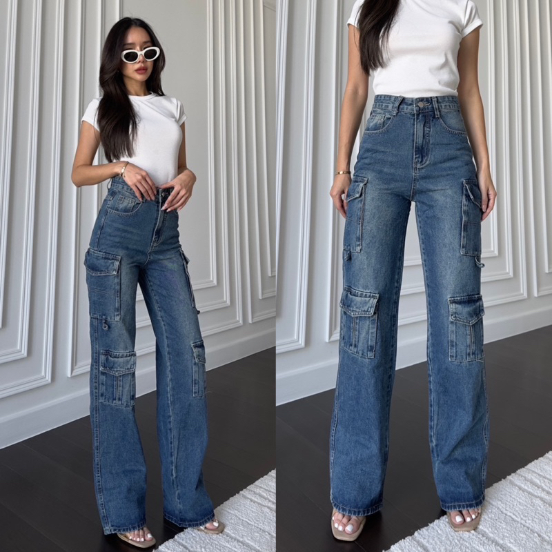 Promthong Jeans 30133 กางเกงยีนส์สไตล์คาร์โก้สุดเท่ห์ ดีเมลเอวสูง ทรง ...