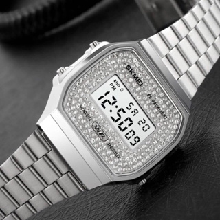 SKMEI นาฬิกาข้อมือหญิงQuartz Digitalหน้าปัด คริสตัลสวยหรู35มม. แบรนด์SKMEIสายและเรือนสแตนเลส(2ไมครอน)กันน้ำ2ATMฟรีกล่อง